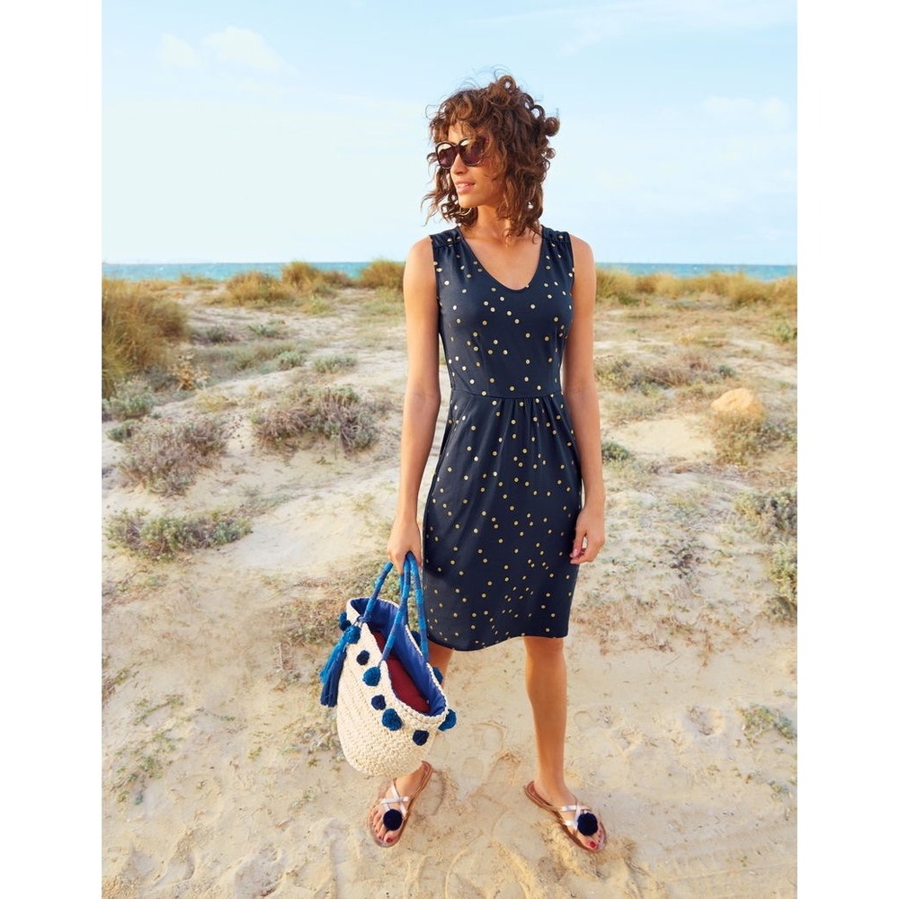 Boden Navy Gold Foil Polka Dot Jersey V-Neck Sleeveless Pocket Dress US 6R
